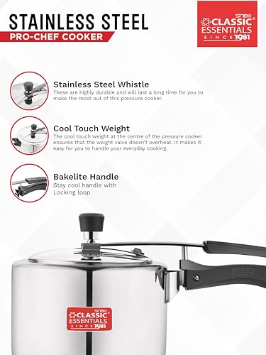 Image of Classic Essentials Prochef Stainless Steel Cooker | ISI Certified Inner Lid Pressure Cooker | Non Reactive, Non Toxic & Non Staining Food Grade Surface | Long Lasting Sealing Gasket (2 liter)