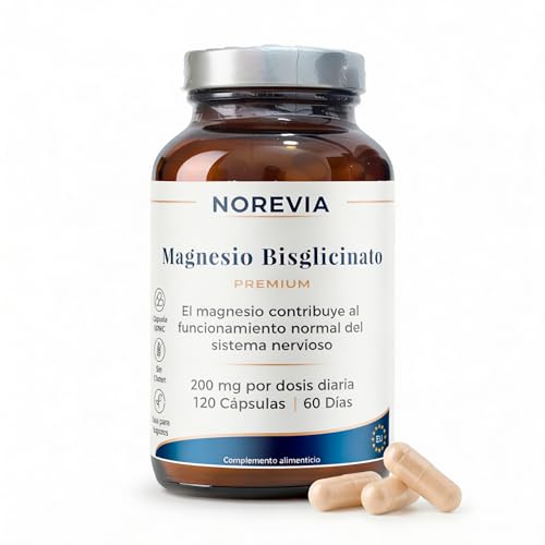 NOREVIA Magnesio Bisglicinato 200 mg Elemental con Vitamina B6 y Glicina | Descanso | Sueno | Función Muscular | Sistema Nervioso | Alta Absorción | 120 Cápsulas Veganas, Sin Gluten | 60 Días | UE