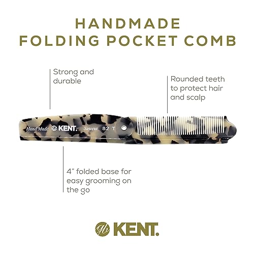 Kent 82T TW Handmade Folding Pocket Comb for Men, Fine Tooth Hair Comb Straightener for Everyday Grooming Styling Hair, Beard or Mustache, Use Dry or with Balms, Saw Cut Hand Polished, Made in England