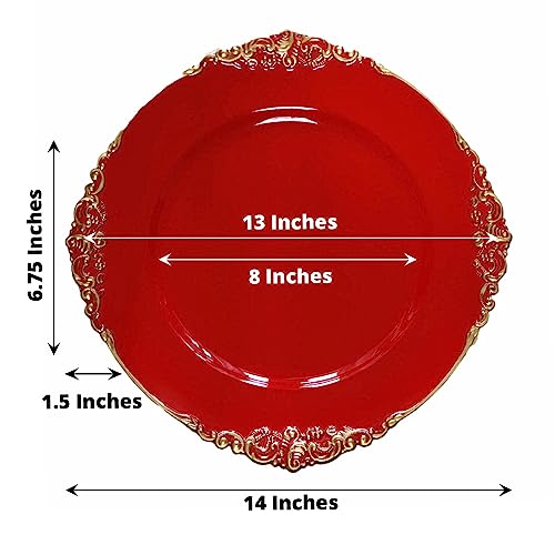 Efavormart 6 Pack - 13" Red Round Baroque Charger Plates Leaf Embossed Rim Perfect For Wedding Catering Decorations Centerpieces, Events Party, Tabletop Decor & Dinner Servers #TOP2