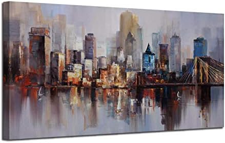 Arjun Brooklyn Bridge Wall Art Modern New York Abstract Canvas Cityscape Painting Large Framed, Colorful NYC Skyline Textured Picture for Living Room Bedroom Home Office Decor 60"x30" Original Design