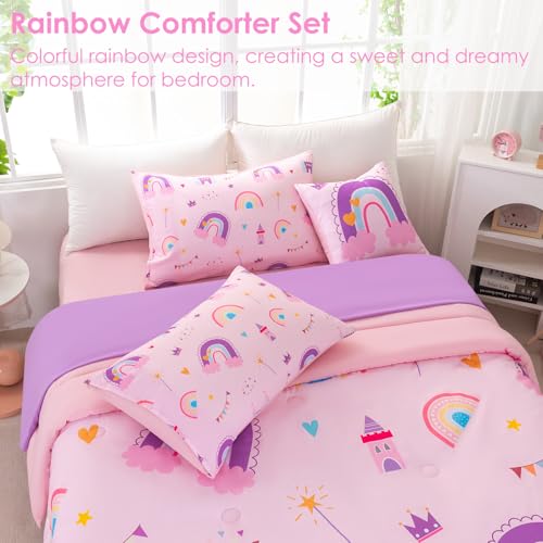 Image of Full Size Bedding Sets for Girls 6 Pieces Pink Rainbow Kids Comforter Set with Sheets Colorful Castle Printed Teen Girl Bed in A Bag for Bedroom Decor (Rainbow Castle, Full)