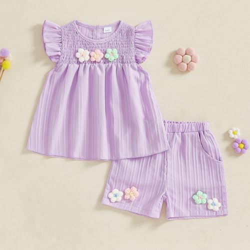 Toddler Baby Girl Clothes Knit Floral Fly Sleeve Tops Shorts Cute Summer Spring Outfits Infant Clothing Set2
