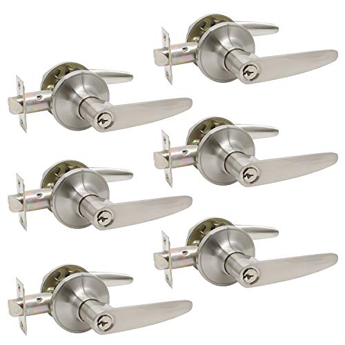 6 Pack-Keyed Alike Entry Door Levers Combo Pack, Satin Nickel Door Handles Exterior and Interior,for Front Entrance Door