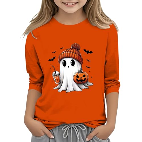 Little Girls Halloween Shirts Kids Cute Ghost Pumpkin Coffee Graphic Tee Teen 3/4 Sleeve Holidays Party Trendy Summer Clothes