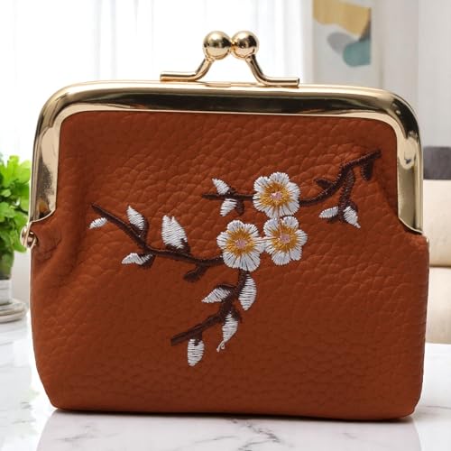 1Pcs Pouch Wallet Plum Blossom Embroidery Snap Wallet PU Leather Brown 11x10cm