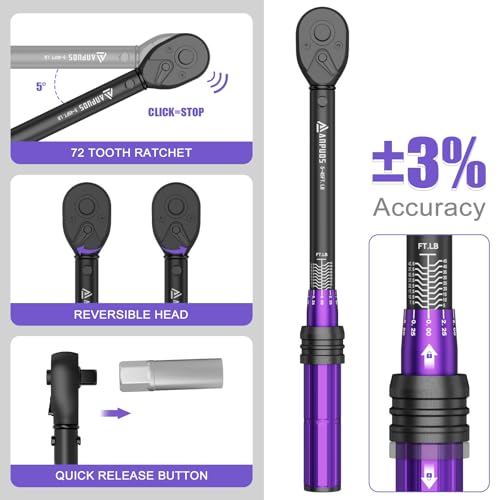 Image of ANPUDS 3 /8 Inch Drive Click Torque Wrench, 5-45 Ft-Lb /6.8-61Nm | Dual Direction, ±3% Accuracy, 72 Tooth, Lightweight Aluminum Torque Wrench for Bicycle, Moto and Car Spark Plug Repair