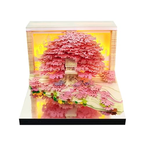 3D Timepiece Calendar 2026 with LED Light 3D Memo Pad Paper Carving Art Tear Away Desk Calendar for Daily Planner Notepad & Bookmark Creative Paper Sculpture for Office Decor & Gift (Pink Tree)