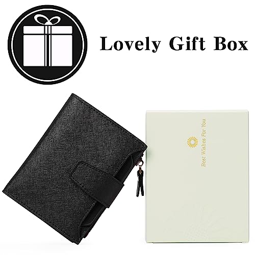 Image of GOIACII RFID Secure Wallet for Women Small Card Holder Leather Black | Trifold Billfold, Cross Grain Leather, Compact Size, 4 ID Windows, 12 Card Slots, 1 Zipper Coin Pocket, Minimalist
