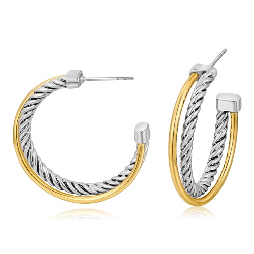 LILIE&WHITE Twist Two Tone Hoop Earrings For Women Gold And Silver Earrings With Three Circles Two Tone Statement Earrings Fashion Jewelry