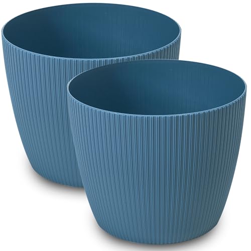 PECZEKO Matte Flower Pots Decorative Plant Pot for Flowers and Herbs Durable & Lightweight Round Plastic Plant Pots for Living Room & Dining Room Kitchen Patio Balcony Set of 2 (Blue,