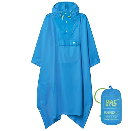 Mac in a Sac Poncho - Packable Waterproof Rain Ponchos For Men & Women - Adult Rain Poncho With Hood - Windproof & Breathable - Neon Blue