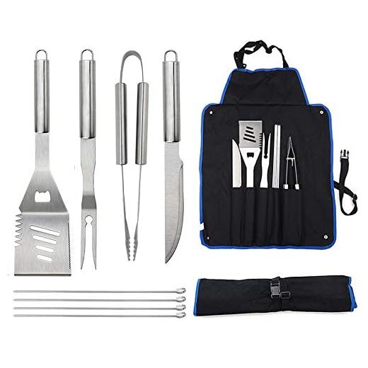 The Hungry Cook 9PCS Stainless Steel Heavy-Duty BBQ Accessories Grilling Tools Set, Premium Outdoor Grill Utensil Accessories with Apron, Barbecue Kits with Spatula, Tong, Skewers, Fork, Knife