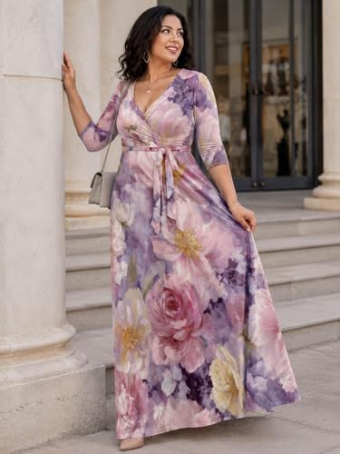 Image of SUZONANA Plus Size Dresses for Women Floral Print Maxi Dress Flowy 3 /4 Sleeve with Belt