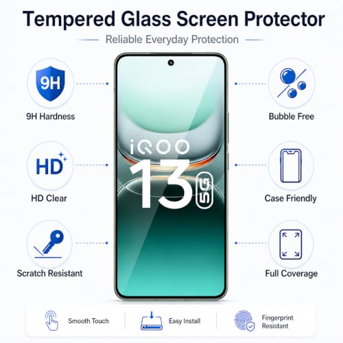 Image of Tempered Glass for iQOO 13 5G (6.82 Inch) | 9H Hardness Screen Protector | HD Clear | Bubble Free Installation | Anti Scratch | Oleophobic Coating | Case Friendly