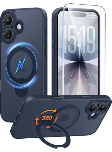 Image of FNTCASE for iPhone 17 Case: [360 Spin Magnetic Stand] [Compatible with Magsafe] [Screen Protector] Translucent Matte Military Grade Shockproof Full Camera Protective Phone Cover - Deep Blue