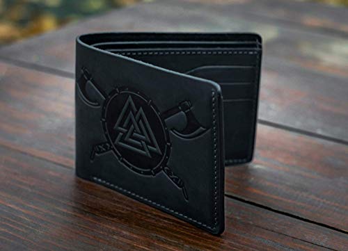 Wallet Genuine Black Leather RFID Blocking Bifold - Vikings Gift for Men - Embossed Leather Wallet - Pocket Wallets - Vikings - Valcnut kvs3