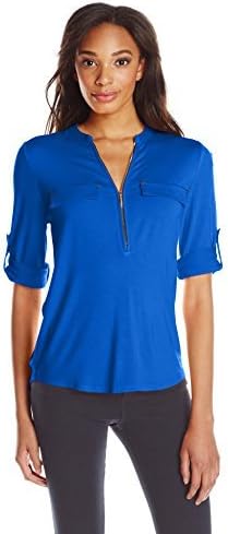 Calvin Klein Women's Modern Essential Zip Front Roll Sleeve Blouse (Standard and Plus)