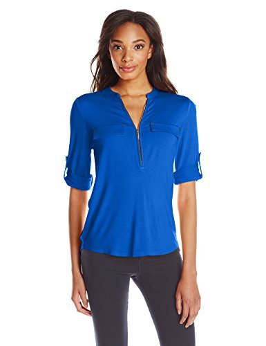 Calvin Klein Women's Modern Essential Zip Front Roll Sleeve Blouse (Standard and Plus)