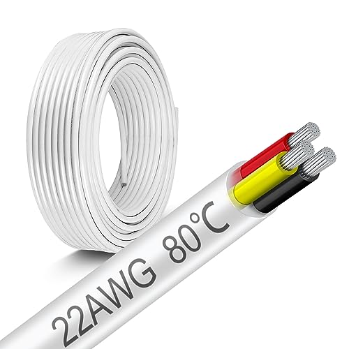 22 Gauge Electrical Wire 3 Conductor, 50FT 22 AWG Stranded Low Voltage LED Cable, Tinned Copper Hookup, Insulated 3 Wire Cable, Flexible Power for LED Lamp Lighting Strip Automotive