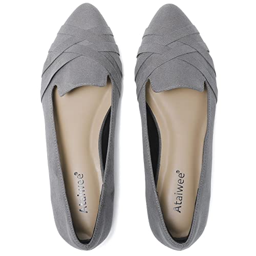 Ataiwee Women's Wide Width Flats Shoes - Classic Office Suede Pointed Slip On Ballet Shoes.(1910005-7,Gr/Mf,6 W) #TOP30
