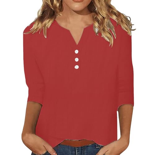 Camisa Mujer Manga Larga - Blusas Y Blusas Mujer De Gran Tamaño Henley Blusa Cuello V Blusa Con Botón Top Casual Top Suelto Ropa Color Sólido Loungewear Diario Top, rojo, XXX-Large