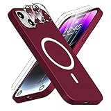 jaroco Magnetic for iPhone 14 Plus Case, Slim & Soft Liquid Silicone Case [with 2 Pcs Glass Screen Protector+Camera Lens Protector] [Compatible with MagSafe] Shockproof Phone Case 6.7 inch-Wine Red
