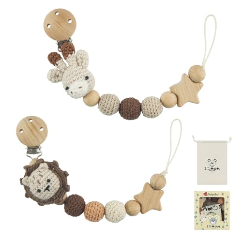 Baby Schnullerkette, 2 Stück Handgemachte Schnullerkette Holz, 2-in-1 Bibs Schnullerkette mit Geschenkverpackung, BPA Frei Langlebig Trinkbecher Halteriemen (Hirsch Löwe)