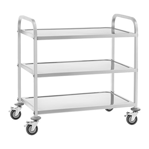 Royal Catering Chariot de Service INOX Desserte Cuisine à roulettes RCSW-6.2 (3 Étagères, Distance 28,5 cm, Charge Statique Max. 500 kg, Acier Inoxydable)