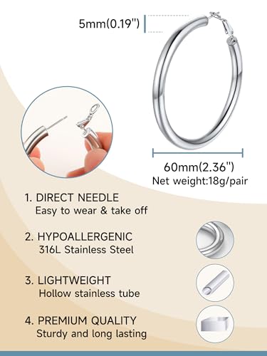 Image of Stainless Steel Chunky Hoop Earrings For Women, Minimalist and Chic, Black /Gold Plated, Round Hoops Earrings Hypoallergenic, Size: 30mm /40mm /60mm /80mm, Come with Box