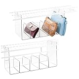 mDesign Plastic 5 Compartment Hanging Closet Storage Organizer Tray - Divided Sections for Holding Sunglasses, Wallets, Clutch Purses, Accessories - Hangs Below Shelving - 2 Pack - Clear