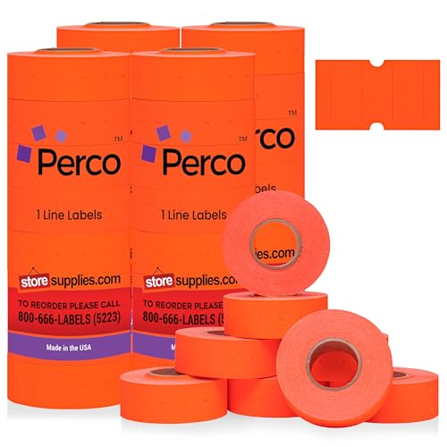 Perco 1 Line Fluorescent Red Labels - 32 Rolls, 4 Sleeves, 32,000 Blank Price and Date Gun Labels for Perco 1 Line Price and Date Guns - Made in USA