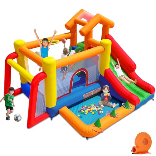 Baralir 7-in-1 Bounce House for Kids 3–10, Bouncy Castle with Long Slide, Kiddie Pool (Ball Pit), Soccer Goal, Climbing Wall, Basketball Hoop and Ring Toss Game - for Indoor or Backyard Fun
