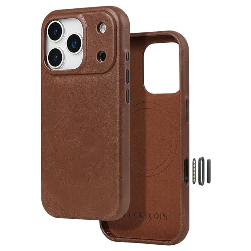LUCKYCOIN for iPhone 17 Pro Full Genuine Leather Phone Case, Built-in Camera Control/Comprehensive Camera Protection/Compatible with MagSafe, Premium Leather Magnetic Phone Cover - Dark Brown
