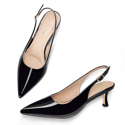 GENSHUO Patent Slingback Kitten Heel Pumps
