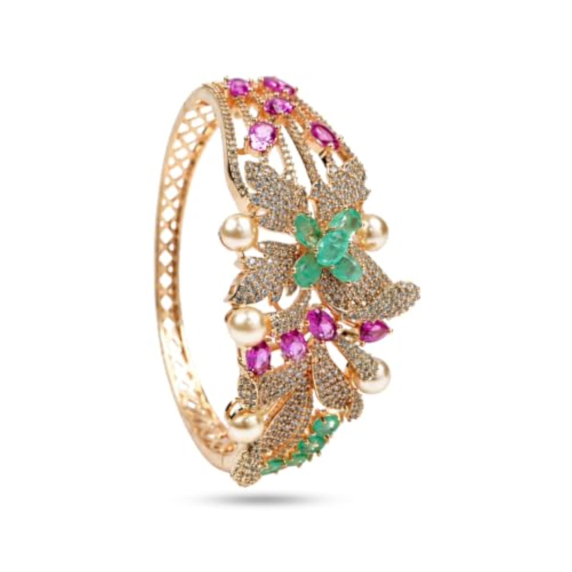 Gold Plated AD Studded Floral Statement Kada Bangle, Elegant