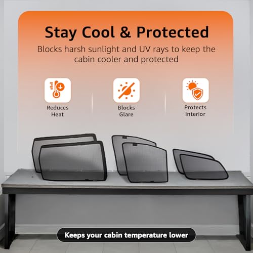 Image of Amazon Basics Side Window Sun Shade for Maruti Suzuki Ertiga (2025 Onwards) - Front Half Cut + Rear Zipper | Custom-Fit Magnetic Car Curtains | Black | Pack of 6 Pcs | Cotton Mesh