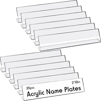 Vicenpal 20 Pcs Acrylic Name Plates for Desks 2 x 10 Inch Clear Plastic Name Tent Holder Bulk Horizontal Slant Back Tag Holder Desk Sign Frame for Office School Classroom Meeting Room Table Display