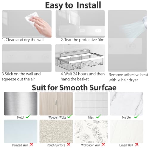 Liuoud 5 Pack Shower Caddy Organizer Rack Shelf for Inside Shower, Self Adhesive Bathroom Wall Storage Basket Rustproof Stainless Steel Large Capacity Shampoo Holder, Silver