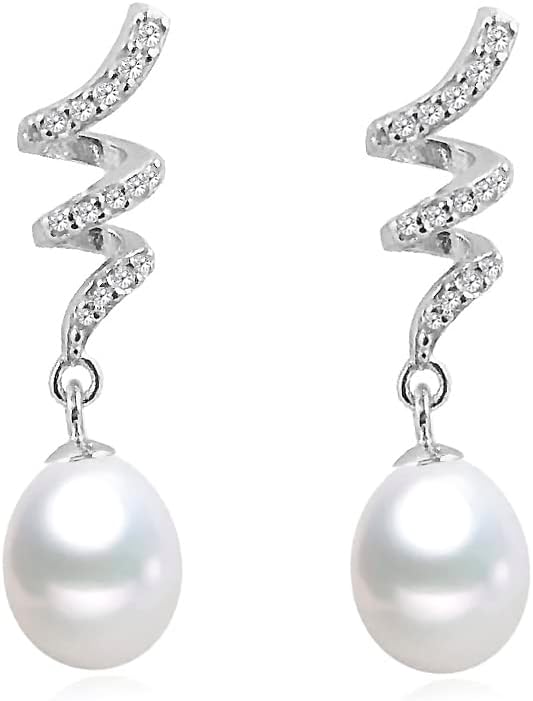 Elegant White Cultured Freshwater Pearl Dangling Earrings AA+ Quality in Sterling Silver with Sparkling CZ 7.5x9mm - PremiumPearl