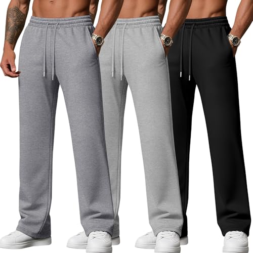 Neer 3 Pack Men's Sweatpants Athletic Lounge Pants Open Bottom Yoga Baggy Casual Drawstring Lightweight Joggers with Pockets