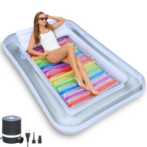 Inflatable Tanning Pool Lounger Float w/Reflective Base (Electric Pump Included) 85” x 58” - Sun Bathing Sun Tanning in Pool or Backyard