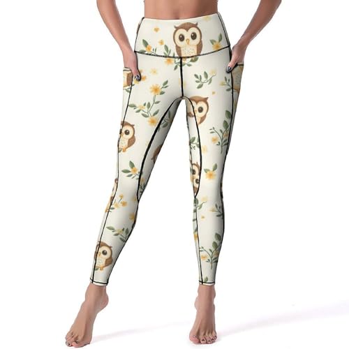 Cartoon Owl Yellow Floral High Waist Yoga Pants With Pockets for Women Stretch Leggings L