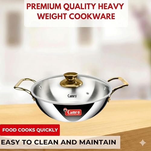 Image of Camro Triply Artisian Kadhai with Glass Lid 5.8 litres| Stainless Steel Kadai for Deep Frying | Kahai for Cooking Induction Base | Cookware Golden Handle Kadai | Gas Stovetop Compatible
