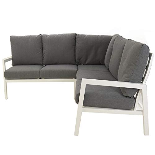 Sofá de Jardin esquinero, Aluminio Reforzado Color Blanco, 4 plazas, Cojines Color Gris