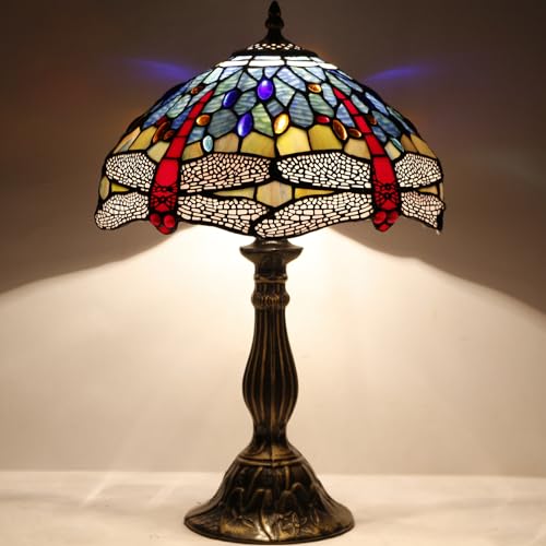 Image of WERFACTORY Tiffany Lamp Blue Red Stained Glass Dragonfly Style Bedside Table Lamp