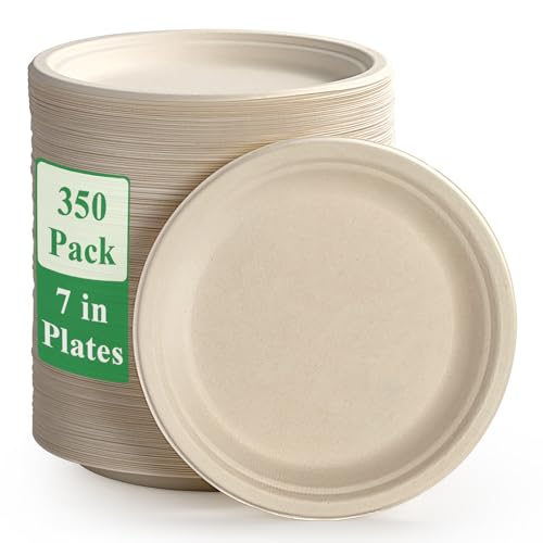 Vplus 350 Pack Paper Plates 7 inch 100% Compostable Heavy-Duty Disposable Paper Plates Bagasse Natural Biodegradable Eco-Friendly Sugarcane
