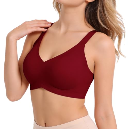 Image of Mayoii Women’s Wireless Jelly Bra, V Neck 3/4 Cup Push Up Bra, Soft Padded Seamless Non Wired T Shirt Bra, Comfortable Support for Daily Wear (UK, Alpha, L, Regular, Regular, Red)