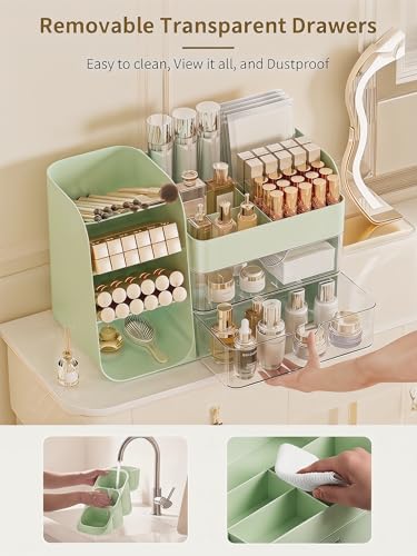 Image of Booklov Makeup Organizer for Vanity, Countertop Cosmetic Display Case with Clear Acrylic Drawers, Bathroom Counter Beauty Caddy, Cute Table Storage Holder for Skincare, Brush Lipsticks, Crystal Green