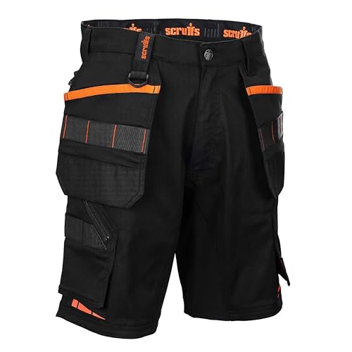 Scruffs Silverton Stretch Fabric Work Shorts Holster Pockets Black with Orange Detailing (UK Waist 34 Regular Regular Black)